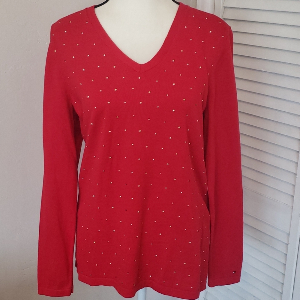 TOMMY HILFIGER RED LONG SLEEVE V-NECK SWEATER